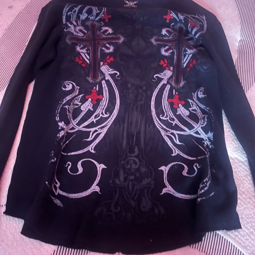 Elegant Black and Red Graphic Long Sleeve Top